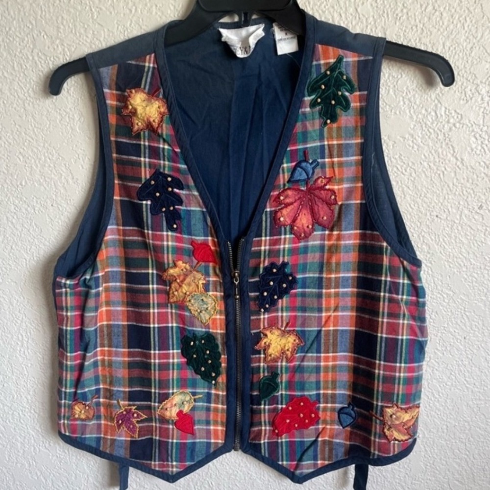 Casey & Max Vintage Plaid Embroidered Leaf Vest Womens Medium Zip Front Fall